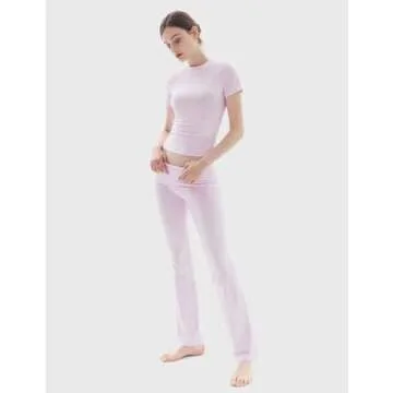 PUMIEY Lounge Sets for Women Two Piece Sets Fold-Over Flare Pants Crew Neck Short Sleeve T-shirts Loungewear Tracksuit, Heather Pop Small