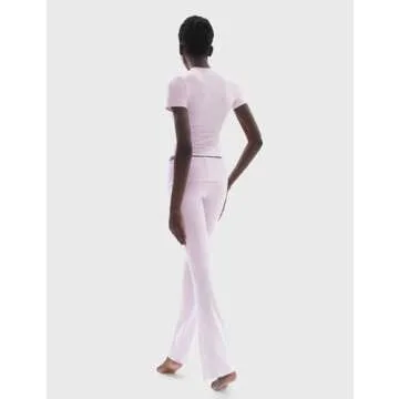 PUMIEY Lounge Sets for Women Two Piece Sets Fold-Over Flare Pants Crew Neck Short Sleeve T-shirts Loungewear Tracksuit, Heather Pop Small