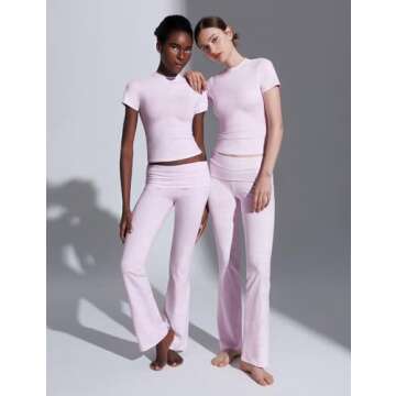 PUMIEY Lounge Sets for Women Two Piece Sets Fold-Over Flare Pants Crew Neck Short Sleeve T-shirts Loungewear Tracksuit, Heather Pop Small