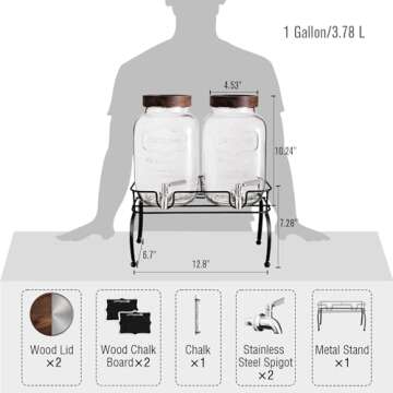 mustry Glass Drink Dispenser for Parties, 1 Gallon Beverage Dispenser with Stand and Spigot Solid St...