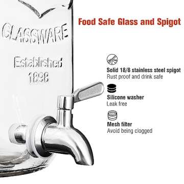 mustry Glass Drink Dispenser for Parties, 1 Gallon Beverage Dispenser with Stand and Spigot Solid Stainless Steel, Used as Lemonade Dispenser Sun Tea Jar Kombucha Jar, Set of 2