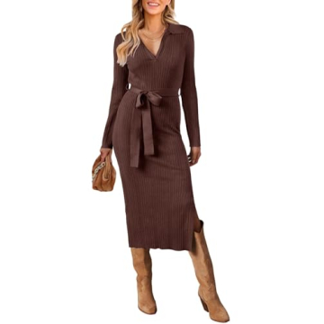 MEROKEETY Women's 2024 Fall Sweater Dress Long Sleeve Collared V Neck Slit Knit Bodycon Midi Dress w...