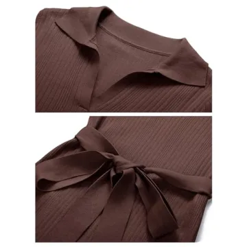 MEROKEETY Women's 2024 Fall Sweater Dress Long Sleeve Collared V Neck Slit Knit Bodycon Midi Dress with Belt,Coffee,M