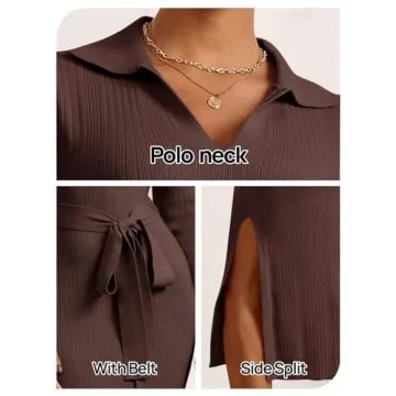 MEROKEETY Women's 2024 Fall Sweater Dress Long Sleeve Collared V Neck Slit Knit Bodycon Midi Dress with Belt,Coffee,M