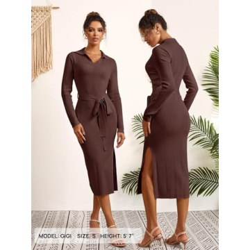 MEROKEETY Women's 2024 Fall Sweater Dress Long Sleeve Collared V Neck Slit Knit Bodycon Midi Dress with Belt,Coffee,M