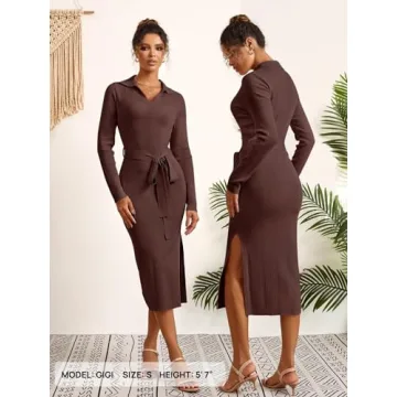 MEROKEETY Women's 2024 Fall Sweater Dress Long Sleeve Collared V Neck Slit Knit Bodycon Midi Dress with Belt,Coffee,M