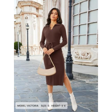MEROKEETY Women's 2024 Fall Sweater Dress Long Sleeve Collared V Neck Slit Knit Bodycon Midi Dress with Belt,Coffee,M