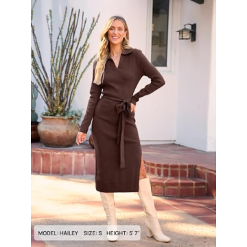 MEROKEETY Women's 2024 Fall Sweater Dress Long Sleeve Collared V Neck Slit Knit Bodycon Midi Dress with Belt,Coffee,M