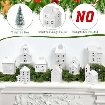 Leitee 22 Pcs Ceramic Christmas Village Set Include 9 Christmas Village Houses 13 Christmas Trees for Xmas Scene Decor Winter Holiday Party Village Figurine Tabletop Decoration(White Roof)