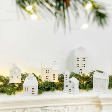 Leitee 22 Pcs Ceramic Christmas Village Set Include 9 Christmas Village Houses 13 Christmas Trees for Xmas Scene Decor Winter Holiday Party Village Figurine Tabletop Decoration(White Roof)