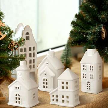 Leitee 22 Pcs Ceramic Christmas Village Set Include 9 Christmas Village Houses 13 Christmas Trees for Xmas Scene Decor Winter Holiday Party Village Figurine Tabletop Decoration(White Roof)