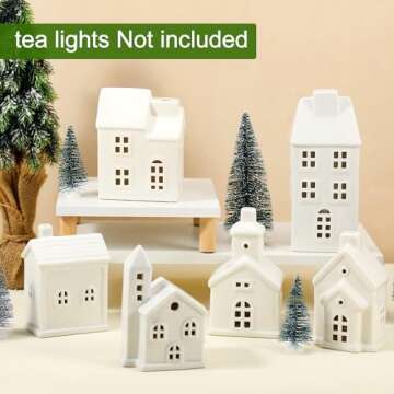 Leitee 22 Pcs Ceramic Christmas Village Set Include 9 Christmas Village Houses 13 Christmas Trees for Xmas Scene Decor Winter Holiday Party Village Figurine Tabletop Decoration(White Roof)