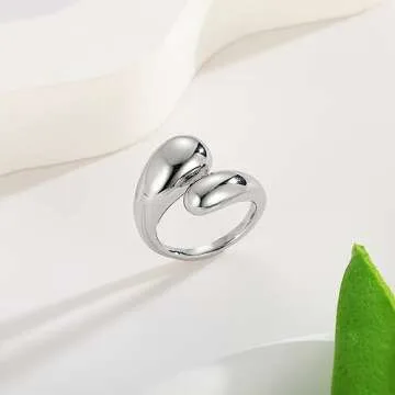 WOWORAMA Silver Chunky Rings for Women Bypass Dome Teardrop Rings Statement Band Rings Adjustable Open Rings Thick Stackable Rings White Gold