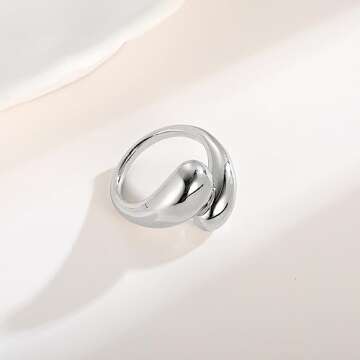 WOWORAMA Silver Chunky Rings for Women Bypass Dome Teardrop Rings Statement Band Rings Adjustable Open Rings Thick Stackable Rings White Gold