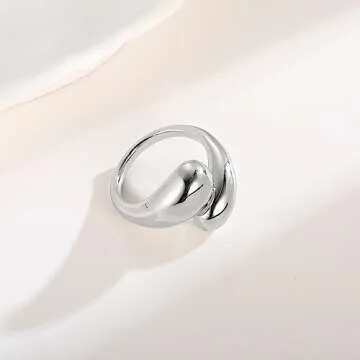 WOWORAMA Silver Chunky Rings for Women Bypass Dome Teardrop Rings Statement Band Rings Adjustable Open Rings Thick Stackable Rings White Gold