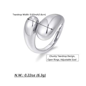 WOWORAMA Silver Chunky Rings for Women Bypass Dome Teardrop Rings Statement Band Rings Adjustable Open Rings Thick Stackable Rings White Gold