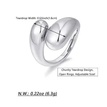 WOWORAMA Silver Chunky Rings for Women Bypass Dome Teardrop Rings Statement Band Rings Adjustable Open Rings Thick Stackable Rings White Gold