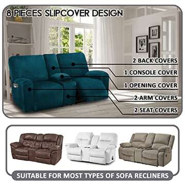 ULTICOR Ultimate Decor Reclining Love Seat with Middle Console Slipcover, 8-Piece Velvet Stretch Lov...