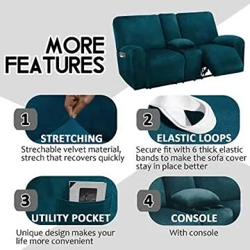 ULTICOR Ultimate Decor Reclining Love Seat with Middle Console Slipcover, 8-Piece Velvet Stretch Loveseat Reclining Sofa Covers, 2 seat Love seat Recliner Cover, Thick, Soft, Washable, (Deep Teal)