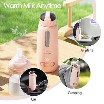 Portable Bottle Warmer for Travel, Baby Milk Warmer with 15000mAh Battery, Bib, Formula Dispenser for on The go, Fast Heating for Breast Milk and Formula, Fast Charging & Cordless Milk Warmer