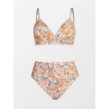 CUPSHE Bikini Sets for Women Two Piece Swimsuits High Waisted Twist Front Adjustable Spaghetti Straps V Neck Back, M Yellow Floral