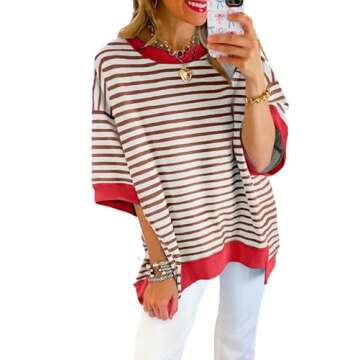 SHEWIN Spring Tops for Women 2025 Short Sleeve Shirts Trendy Loose Crewneck Oversized Tshirts Stripe...