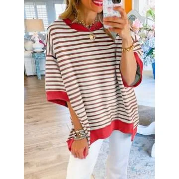 SHEWIN Spring Tops for Women 2025 Short Sleeve Shirts Trendy Loose Crewneck Oversized Tshirts Striped Color Block Cute Womens Fashion T Shirt Brown Stripe L