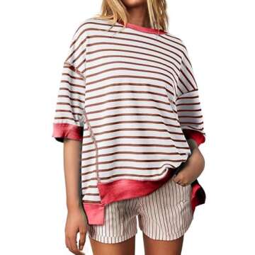 SHEWIN Spring Tops for Women 2025 Short Sleeve Shirts Trendy Loose Crewneck Oversized Tshirts Striped Color Block Cute Womens Fashion T Shirt Brown Stripe L
