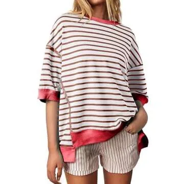 SHEWIN Spring Tops for Women 2025 Short Sleeve Shirts Trendy Loose Crewneck Oversized Tshirts Striped Color Block Cute Womens Fashion T Shirt Brown Stripe L