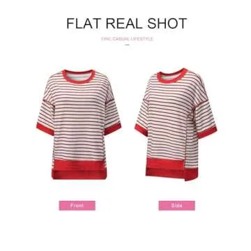 SHEWIN Spring Tops for Women 2025 Short Sleeve Shirts Trendy Loose Crewneck Oversized Tshirts Striped Color Block Cute Womens Fashion T Shirt Brown Stripe L