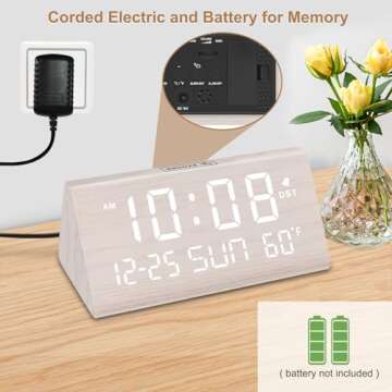 DreamSky Digital Alarm Clocks for Bedrooms - Wooden Desk Clock with Date, Day of Week, USB Port, Tem...