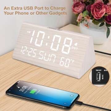 DreamSky Digital Alarm Clocks for Bedrooms - Wooden Desk Clock with Date, Day of Week, USB Port, Temperature, Dimmer for Bedside Table, Living Room, Office, Adjustable Volume, Auto DST, Wood Decor