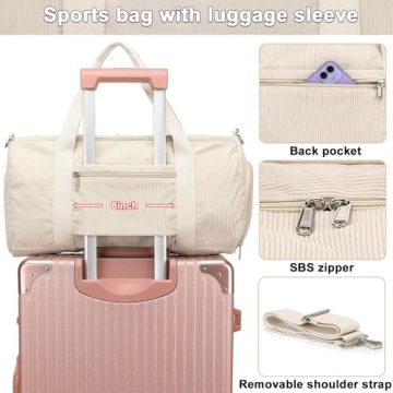 Duffle Bag for Gym Sports Women Girls Workout Travel Bag Weekender with Shoe Compartment and Wet Pocket (2-Corduroy-beige)
