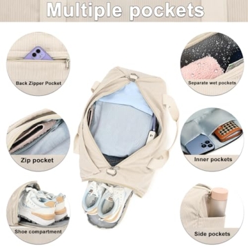 Duffle Bag for Gym Sports Women Girls Workout Travel Bag Weekender with Shoe Compartment and Wet Pocket (2-Corduroy-beige)