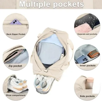 Duffle Bag for Gym Sports Women Girls Workout Travel Bag Weekender with Shoe Compartment and Wet Pocket (2-Corduroy-beige)