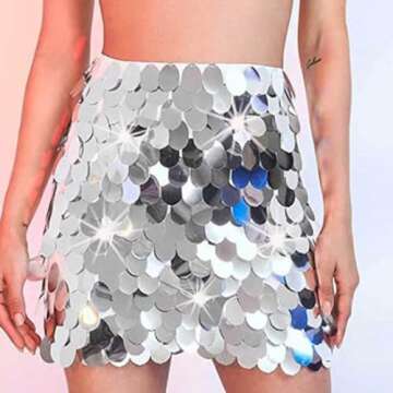 JEWEKY Sparkly Sequin Mini Skirt Silver Glitter Bodycon Dance Skirts Rave Party Club Skirt for Women