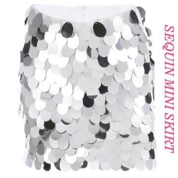 JEWEKY Sparkly Sequin Mini Skirt Silver Glitter Bodycon Dance Skirts Rave Party Club Skirt for Women
