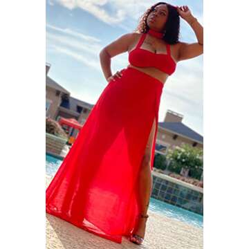 TOB Women's Sexy Summer Halter Slit 2 Piece Maxi Chiffon Dress Skirt Set Red