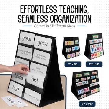 Essex Wares – 1 Pack - 13" Wide x 17" Tall Tabletop Pocket Chart, Black - Double Sided with 5 Straps Each- Ultra-Durable Pocket Chart Stand for Classroom - Easy to Use, Reusable & Foldable