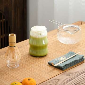 DWEHIXBUY 7Pcs Japanese Matcha Tea Set, Matcha Kit with Matcha Bowl (with Pouring Spout), Matcha Whisk, Whisk Holder, Strainer - Elegant Matcha Set for Gifting, Gift Box Packaging glass