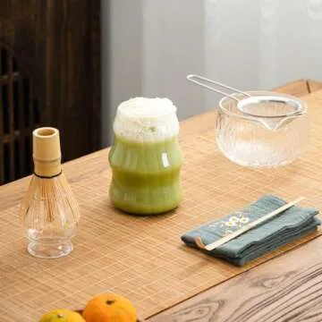 DWEHIXBUY 7Pcs Japanese Matcha Tea Set, Matcha Kit with Matcha Bowl (with Pouring Spout), Matcha Whisk, Whisk Holder, Strainer - Elegant Matcha Set for Gifting, Gift Box Packaging glass