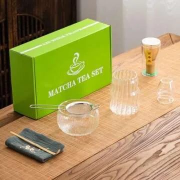 DWEHIXBUY 7Pcs Japanese Matcha Tea Set, Matcha Kit with Matcha Bowl (with Pouring Spout), Matcha Whisk, Whisk Holder, Strainer - Elegant Matcha Set for Gifting, Gift Box Packaging glass