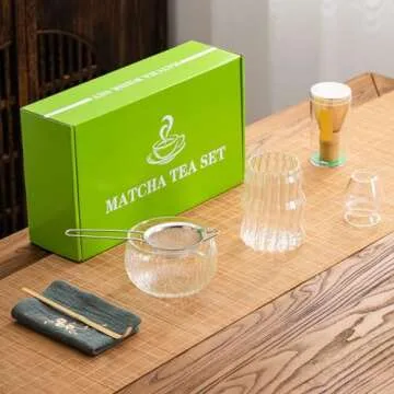 DWEHIXBUY 7Pcs Japanese Matcha Tea Set, Matcha Kit with Matcha Bowl (with Pouring Spout), Matcha Whisk, Whisk Holder, Strainer - Elegant Matcha Set for Gifting, Gift Box Packaging glass