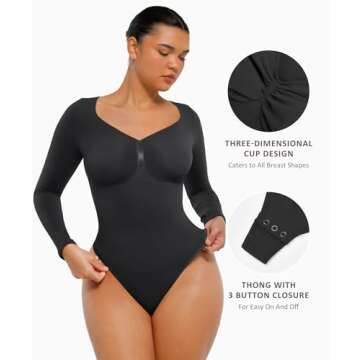 FeelinGirl Black Long Sleeve Shirt for Woman Tummy Control Bodysuit Thong Going Out Slimming Tops Black M