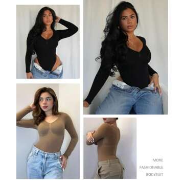 FeelinGirl Black Long Sleeve Shirt for Woman Tummy Control Bodysuit Thong Going Out Slimming Tops Black M