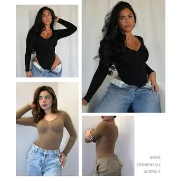 FeelinGirl Black Long Sleeve Shirt for Woman Tummy Control Bodysuit Thong Going Out Slimming Tops Black M