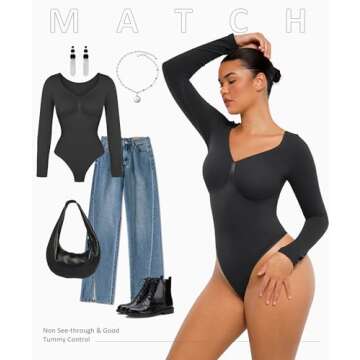 FeelinGirl Black Long Sleeve Shirt for Woman Tummy Control Bodysuit Thong Going Out Slimming Tops Black M
