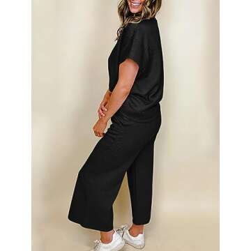 Fazortev Womens 2 Piece Outfits Sweatsuit Short Sleeve Tops and Drawstring Waist Cropped Wide Leg Pa...