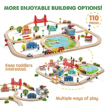 Tiny Land 110PCS Wooden Train Set for Kids 3-8 Years Old