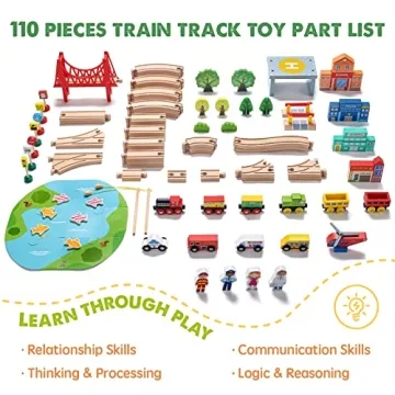 Tiny Land 110PCS Wooden Train Set for Kids 3-8 Years Old